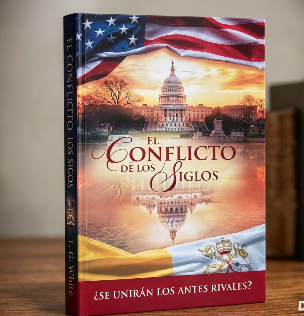 Portada del libro «El conflicto de los siglos» de E. G. White: el Capitolio de Estados Unidos al atardecer entre la bandera estadounidense y la bandera vaticana
